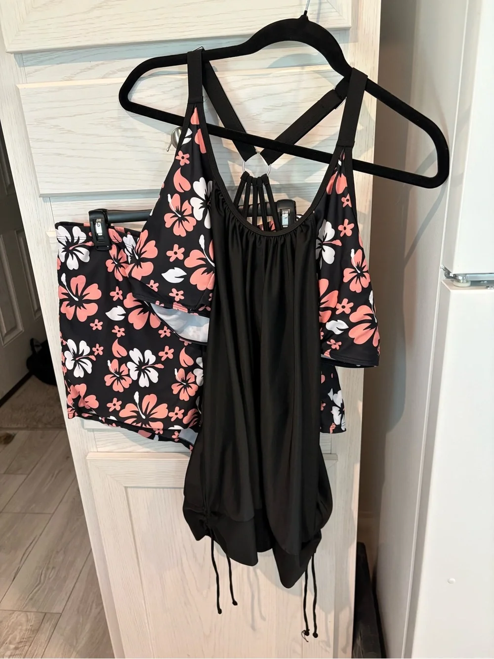 Black Floral Two-Piece Swim Set with Pink & White Hibiscus